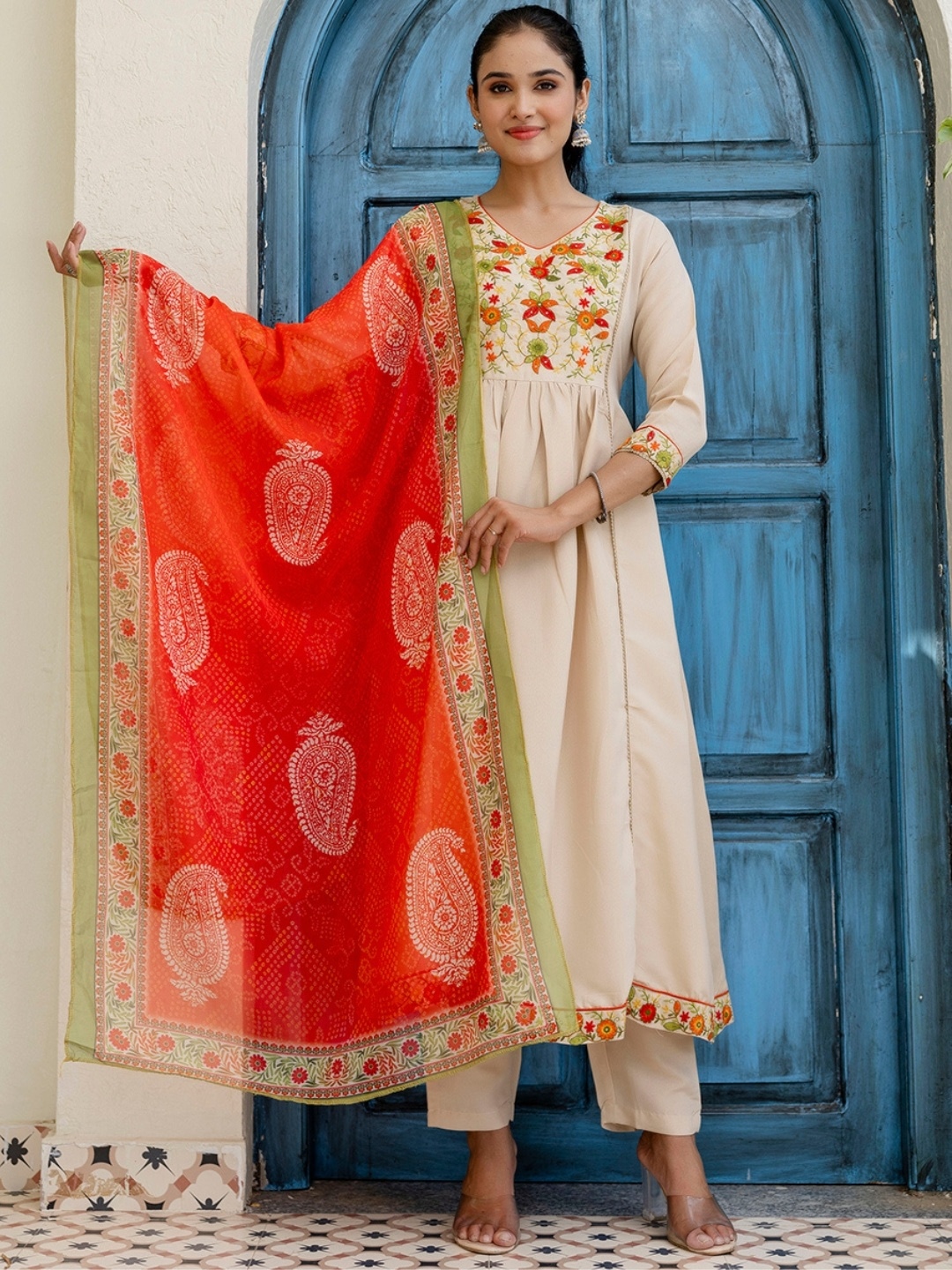 Women Multicolor Rayon Nayra Cut Embroidered Kurta with Pant and Dupatta Set