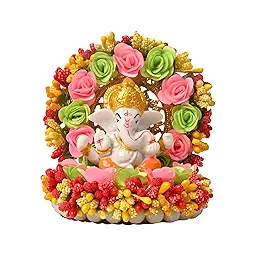 Ganesha Idol with Flower Plate for Home Décor| Car Dashboard Showpiece| Ganpati décor Decorative Gi