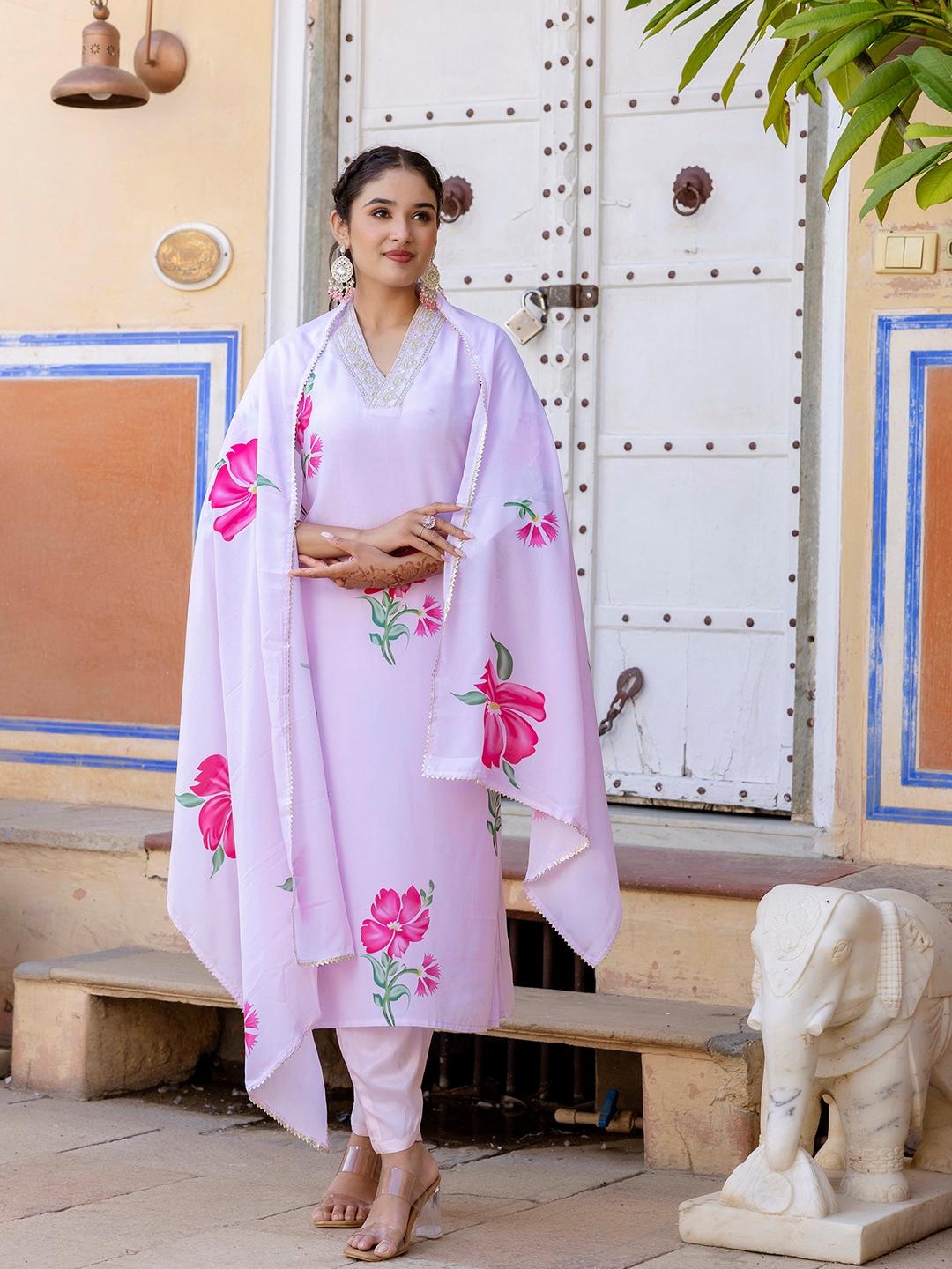 Women Lavender Cambric Pakistani Embroidered & Printed Kurta with Pant & Dupatta