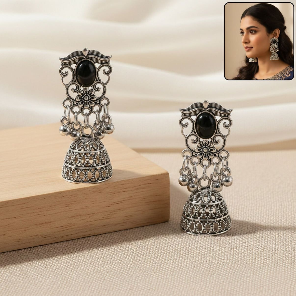 German Silver Jhumka Earrings with Black Monalisa Stone