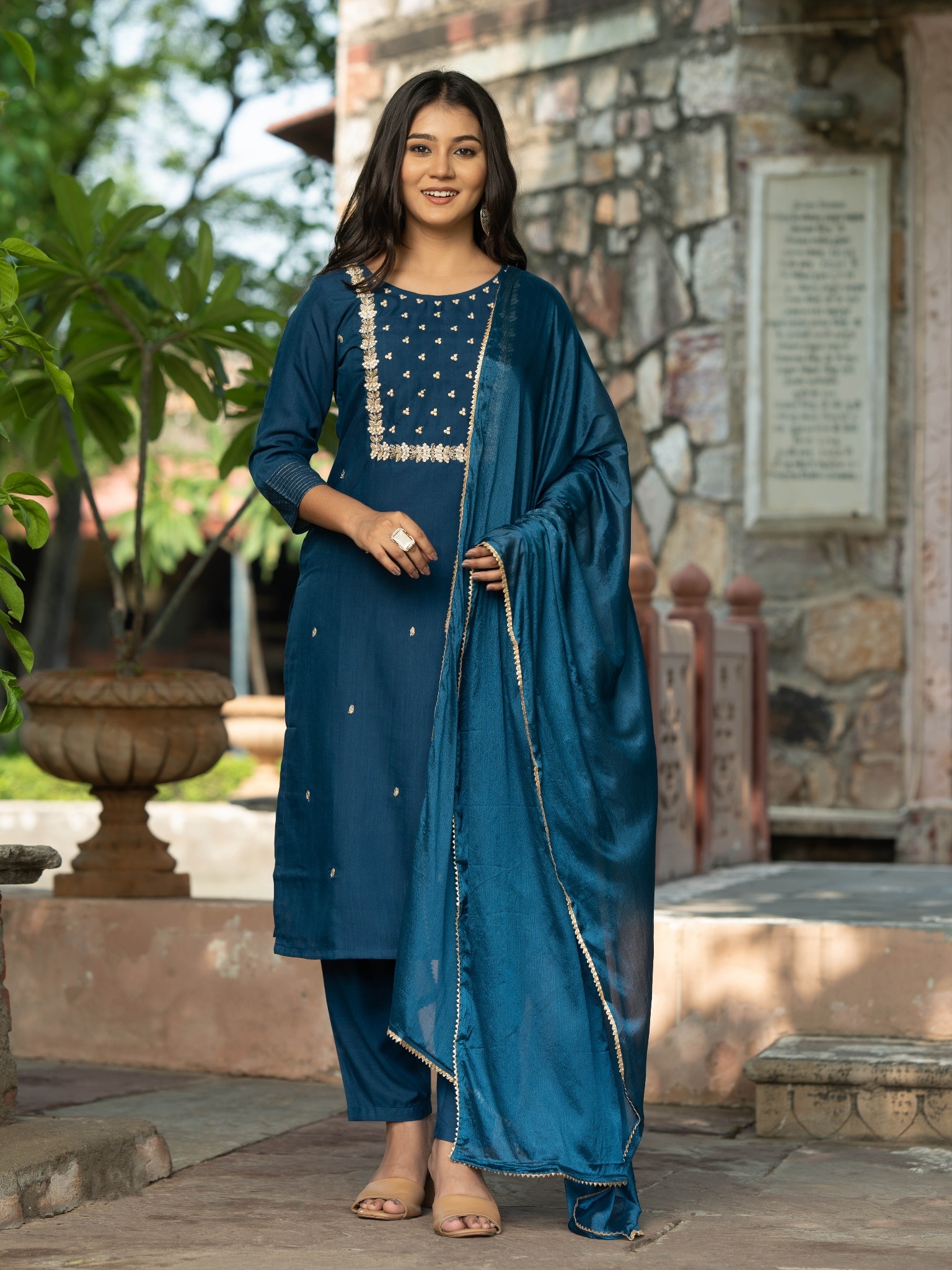 Women Multicolor Rayon Mirror  Embroidered kurta pant & dupatta set