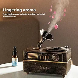 Bluetooth Enabled Retro Gramophone Shape Aroma Diffuser Humidifier for Home (with Remote, Multi-Colour LED, 6 Inches Height, 300ml Tank) (Brown)