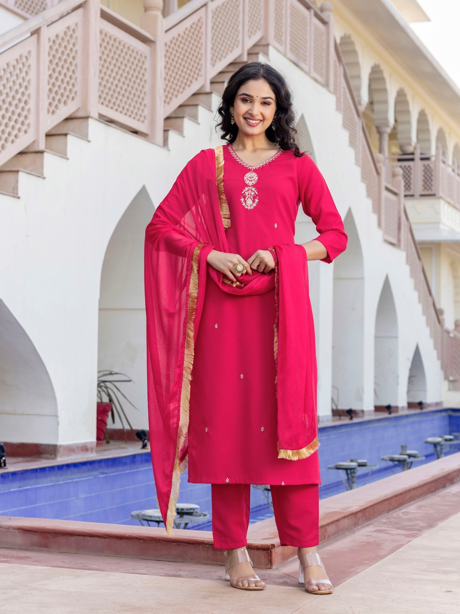 Pink Embroidered Viscose Rayon Straight Suit Set With Dupatta