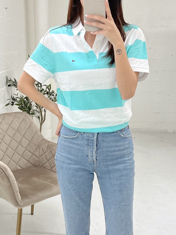 Custom Fit Rugby Stripe Polo by Tommy Hilfiger in Caribbean Blue